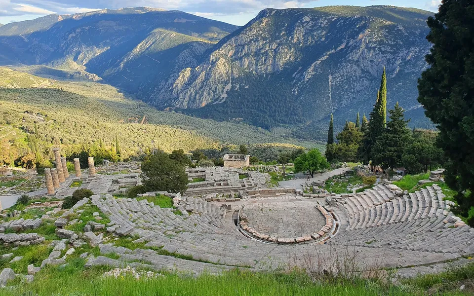 Historic Delphi ruins on a mountain hillside in Greece