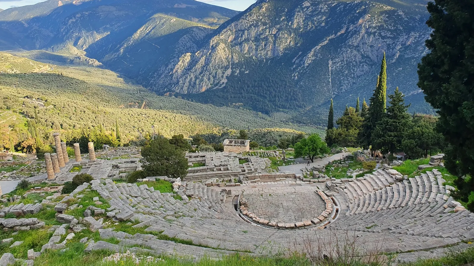 Historic Delphi ruins on a mountain hillside in Greece